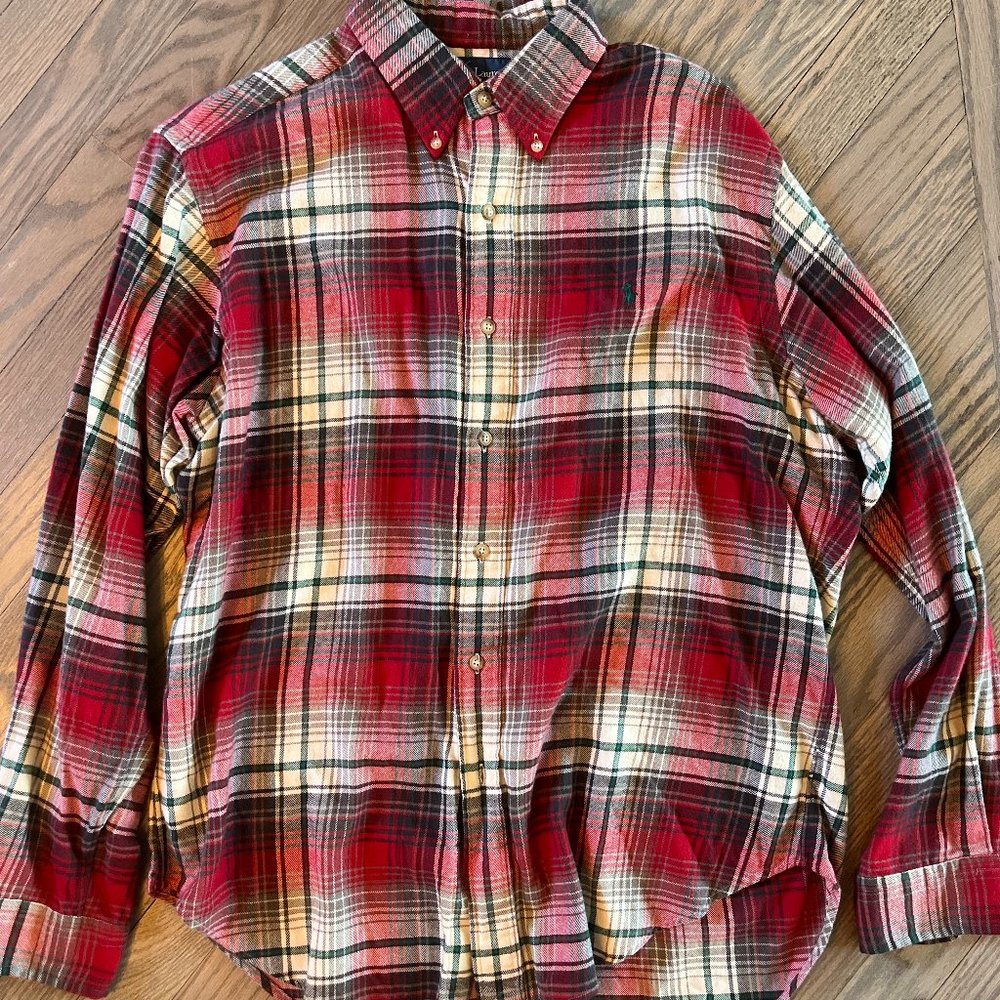 Polo by Ralph Lauren Red & Green Plaid Flannel Button Down Shirt | LARGE